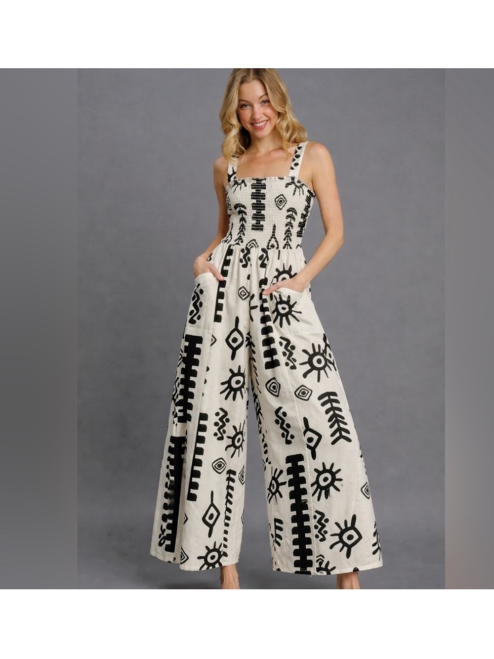 Umgee Black & White Smocked Strap Jumpsuit with Bold Print